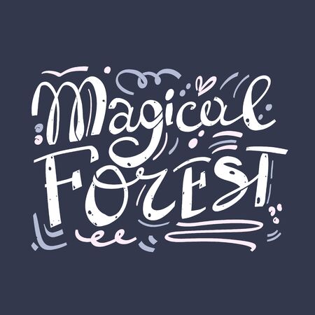 Calligraphic handwritten inscription. Lettering magical forest on a blue background.のイラスト素材