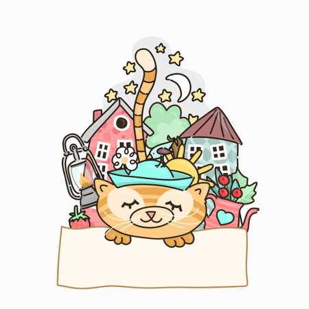 Ginger cat in a hat holds a sheet of paper in its paws, place for text, cute urban background.のイラスト素材