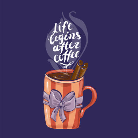 Cup with coffee , delicious hot drink drawn in cartoon flat style.のイラスト素材