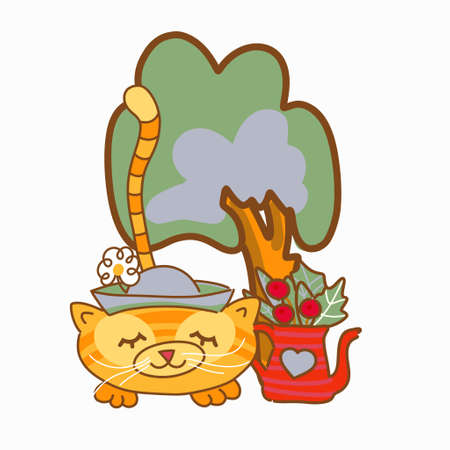 Ginger cat under a tree in the garden, place for text, cute urban background.のイラスト素材