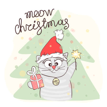 Christmas composition with a cute kitty in a Santa hat. Meow christmas-lettering handwriting.のイラスト素材