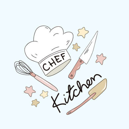 Design elements of kitchen utensils and household appliances. Set of flat hand-drawn illustrations.のイラスト素材