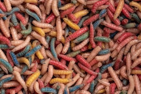 A close up photograph of multicolored maggots/fly larvae shot from aboveの写真素材