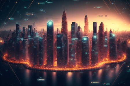 night city skyline, digital data connected world concept, generative AIの素材