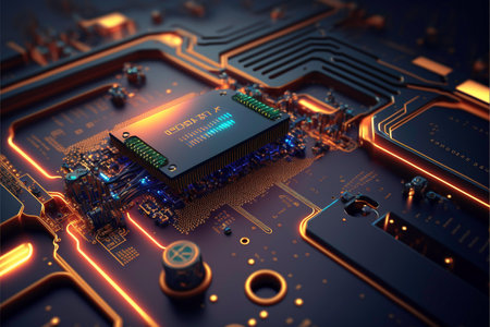 Close-up of electronic circuit board. Technology background with teal and orange color tones, Generative IAの素材