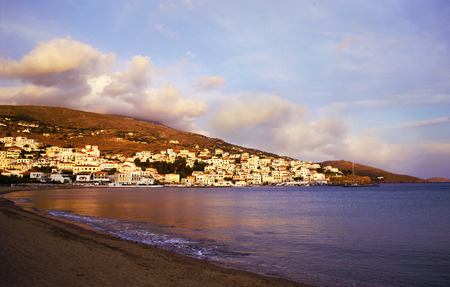 evening in Batsi Andros island Greeceの写真素材