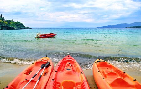 canoe at Stoupa beach in Peloponnese Greece - summer sports iconの写真素材