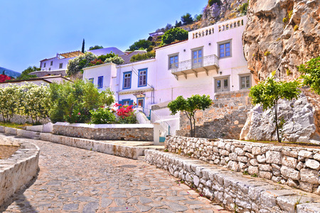 HYDRA ISLAND GREECE, MAY 16 2016: traditional houses and road without cars at Hydra island Saronic Gulf Greece. Editorial use.のeditorial素材