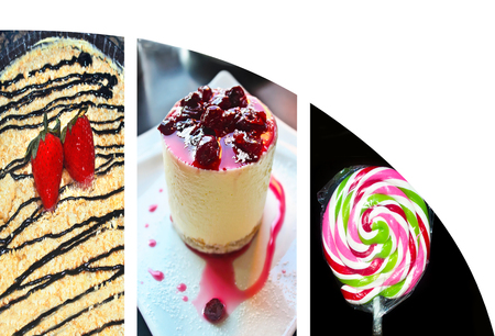 sweet dessert collage with cheesecake lollipop and cake - white space for textの写真素材
