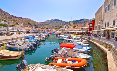 HYDRA GREECE, JUNE 03 2016: landscape of the port of Hydra island Saronic Gulf Greece. Editorial use.のeditorial素材
