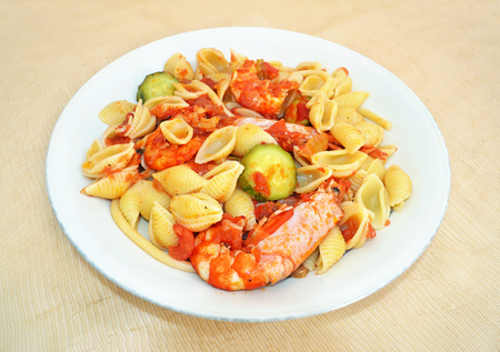pasta shell with shrimps and tomato sauce - greek mediterranean foodの写真素材
