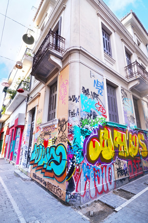 PSIRRI ATHENS GREECE, FEBRUARY 18 2017: road with colorful graffiti at Psirri neighborhood Monastiraki Athens Greece. Editorial use.のeditorial素材