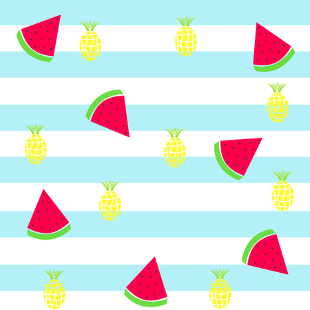 seamless tileable texture - slice watermelon and pineapple on striped blue background