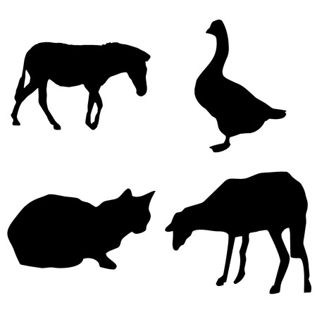 Black silhouette farm animals vector set - horse, goose, sheep, catのイラスト素材