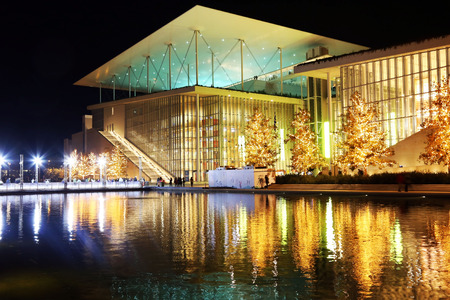 ATHENS GREECE, DECEMBER 16 2017: night photography of Stavros Niarchos foundation decorated with Christmas lights. Editorial use.のeditorial素材