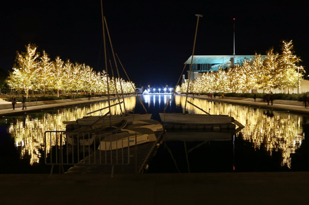 ATHENS GREECE, DECEMBER 16 2017: night photography of Stavros Niarchos foundation decorated with Christmas lights. Editorial use.のeditorial素材