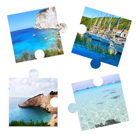 photo collage with Ionian islands in puzzle pieces - Paxos, Ithaca, Lefkada, Antipaxos islandsの写真素材