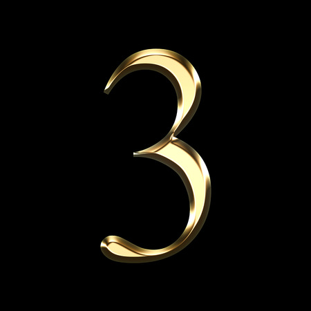 gold number three 3D illustration isolated on black backgroundの写真素材