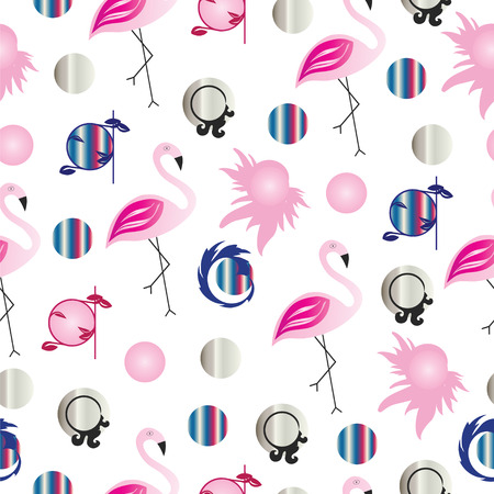 seamless pattern with flamingos and colorful circles - summer pattern illustrationのイラスト素材