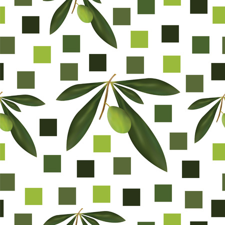 seamless pattern with green olive tree and squares - white backgroundのイラスト素材