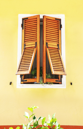 traditional wooden window at Vernazza village Cinque Terre Italy - one of the five famous colorful villages in Italyの写真素材