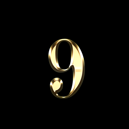 gold number nine 3D illustration isolated on black backgroundの写真素材