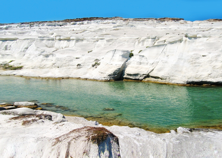 landscape of Sarakiniko beach Milos island Greece with the famous white volcanic rocksの写真素材