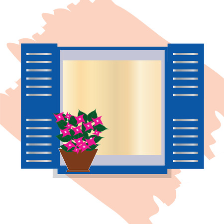 traditional greek blue window with bougainvillea flowers - Cyclades Greeceのイラスト素材