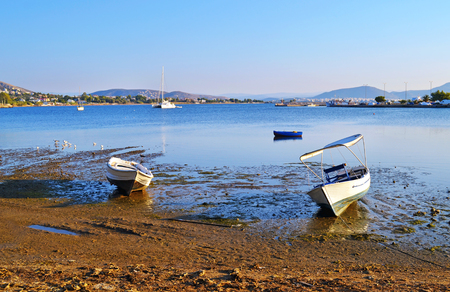 old fishing boats at the beach of Nea Artaki Euboea Greeceの写真素材