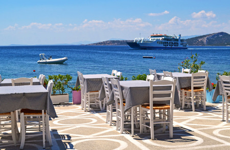 traditional greek tavern in front of the sea at Nea Styra Euboea Greeceの写真素材