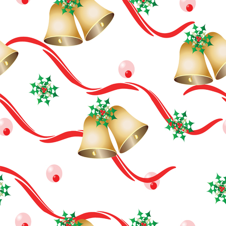 seamless pattern with Christmas bells, mistletoe and red ribbons vector on white backgroundのイラスト素材