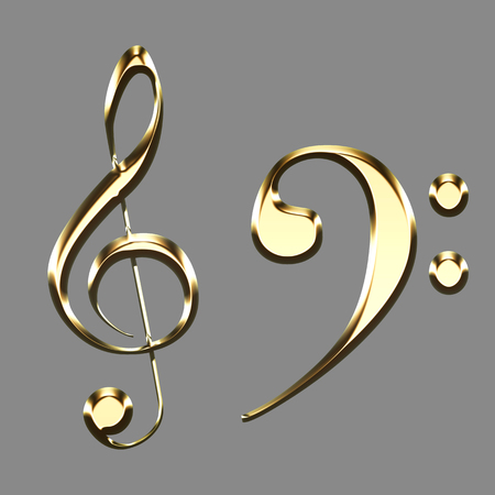 golden treble clef and bass clef signs illustration on grey background - key sol - music symbolsの写真素材