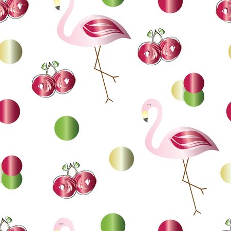 seamless pattern with flamingos and cherries vectorのイラスト素材