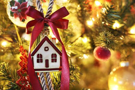 decorative Christmas ornaments on the tree - night home Christmas sceneの写真素材