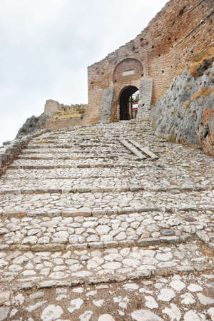 the castle of Acrocorinth or Upper Corinth Peloponnese Greece - the Acropolis of ancient Corinthのeditorial素材