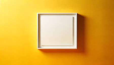 White picture frame hanging on a yellow wall. Empty space for text.の素材
