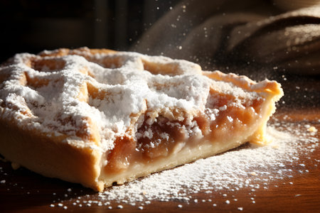 Apple strudel with powdered sugar on wooden table, closeupの素材