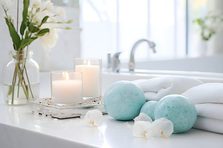 Spa composition with bath bombs, candles and flowers on table in bathroomの素材