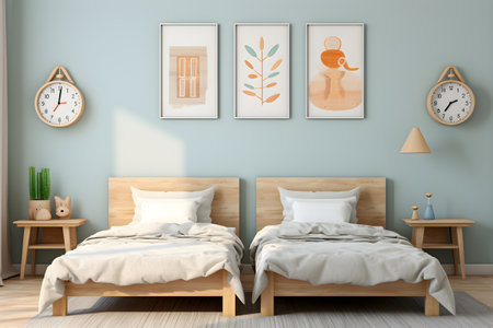 Bedroom interior with two wooden bedside tables, lamps and wall clock. 3d renderingの素材