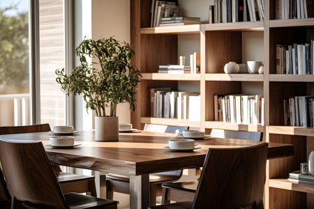 Interior of modern dining room with wooden furniture and bookshelvesの素材