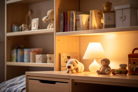 Children's room interior with a bedside table, lamps and toysの素材