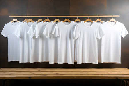 White t-shirt hanging on a wooden shelf in the store.の素材