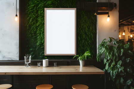 Blank vertical poster on wooden bar counter in cafe interior. Mock up, 3D Renderingの素材