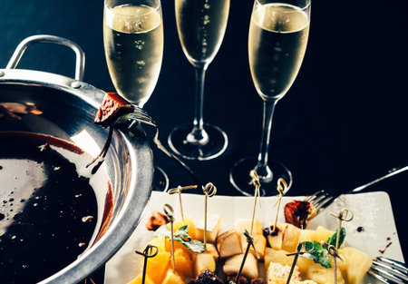 Chocolate fondue with fruitsの写真素材