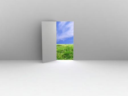 Exit with door to natural landscape. Concept - echo house.の写真素材