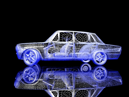 Car model on black background with reflectionの写真素材