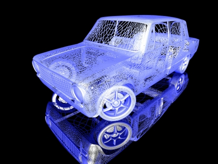 Car model on black background with reflectionの写真素材