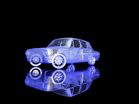 Car model on black background with reflectionの写真素材