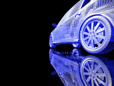 Car model on black background with reflectionの写真素材
