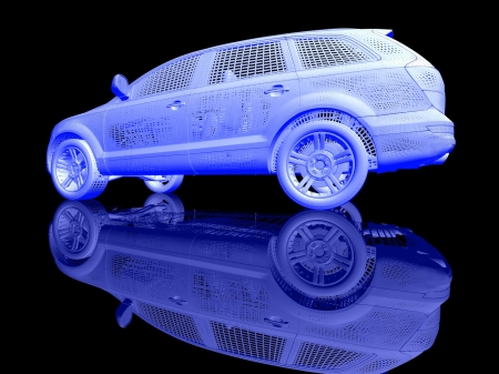 Car model on black background with reflectionの写真素材